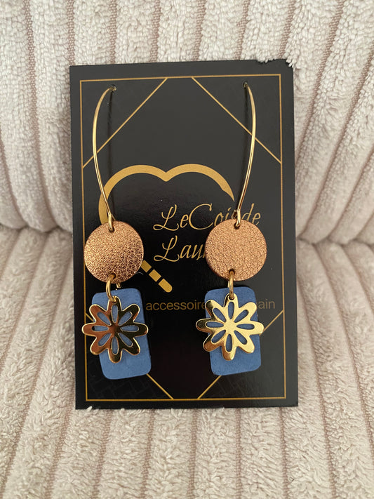Boucles d’Oreilles Fleur Dorée et Bleu – Fait Main – Le Coin de Laurine